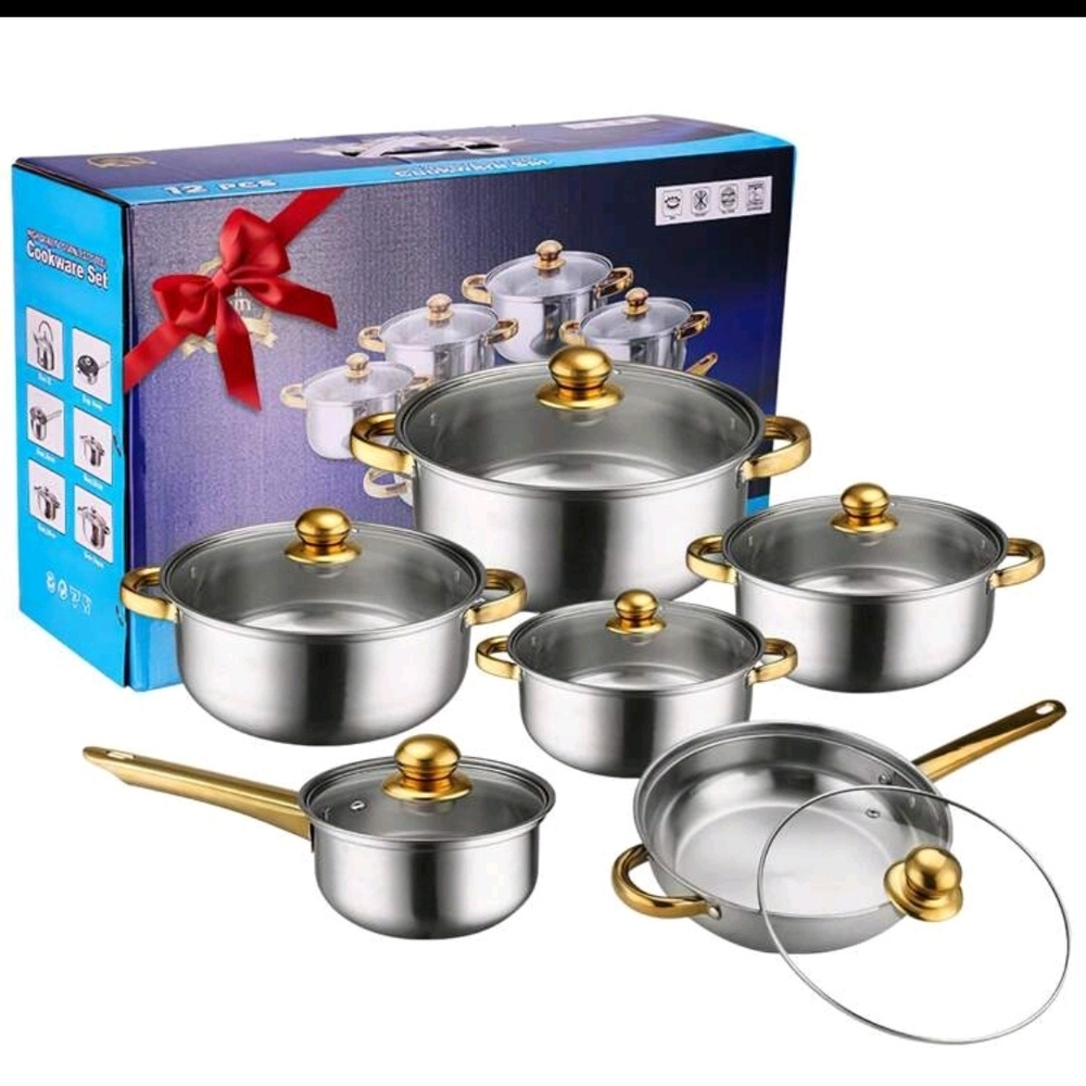 Stainless Steel Cookware Set with Gold Accents